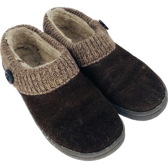 Womens Shoes Size 9 Flats Brown Slippers Leather Clogs Sweater Collar Button - Picture 1 of 10